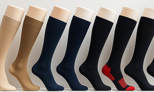 Reihe medizinischer Kompressionsstrümpfe in verschiedenen Farben und Stärken zur Unterstützung der Beinvenen