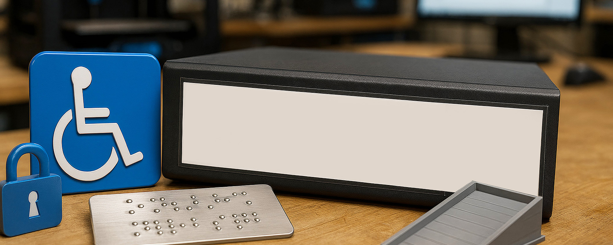 Symbole für Barrierefreiheit auf einem Tisch mit einem drauliegendem Aktenordner, darunter Rollstuhl-Symbol, Blindenschrift-Tafel und Schloss-Symbol