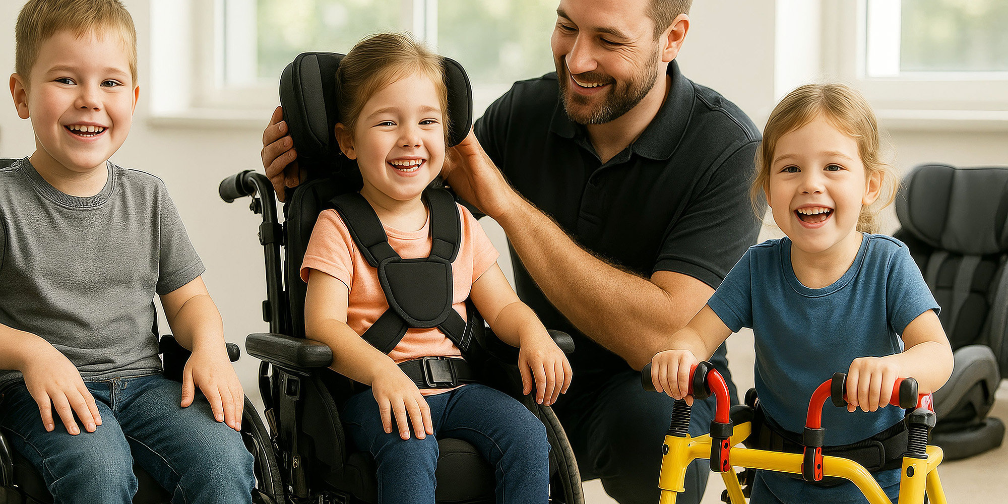 Gruppe von Kindern mit verschiedenen Reha-Hilfsmitteln und Sitzsystemen in einem hellen Innenraum