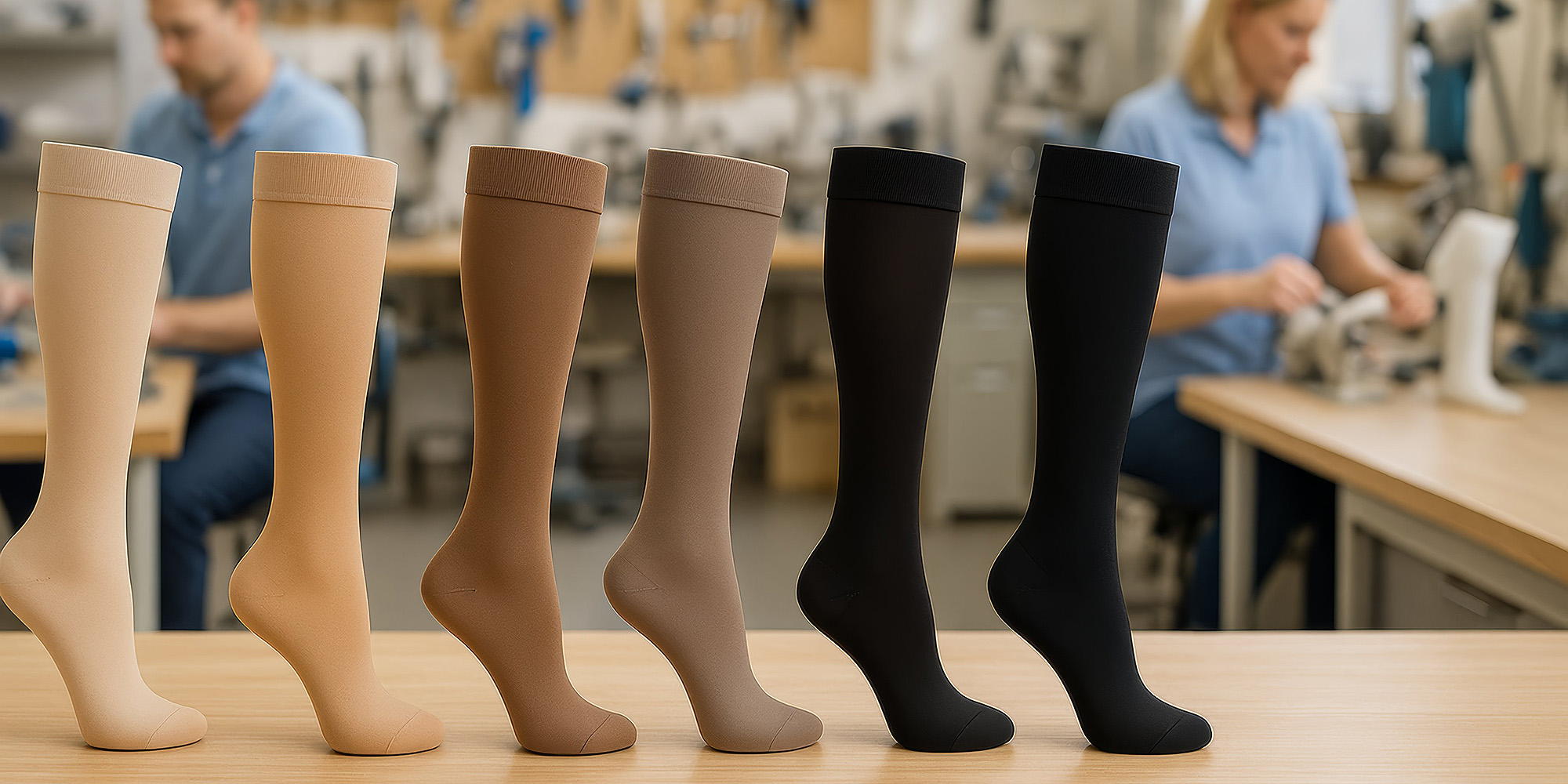 Detailansicht von Kompressionsstrümpfen in unterschiedlichen Farben mit Mitarbeitenden im Hintergrund einer Werkstatt
