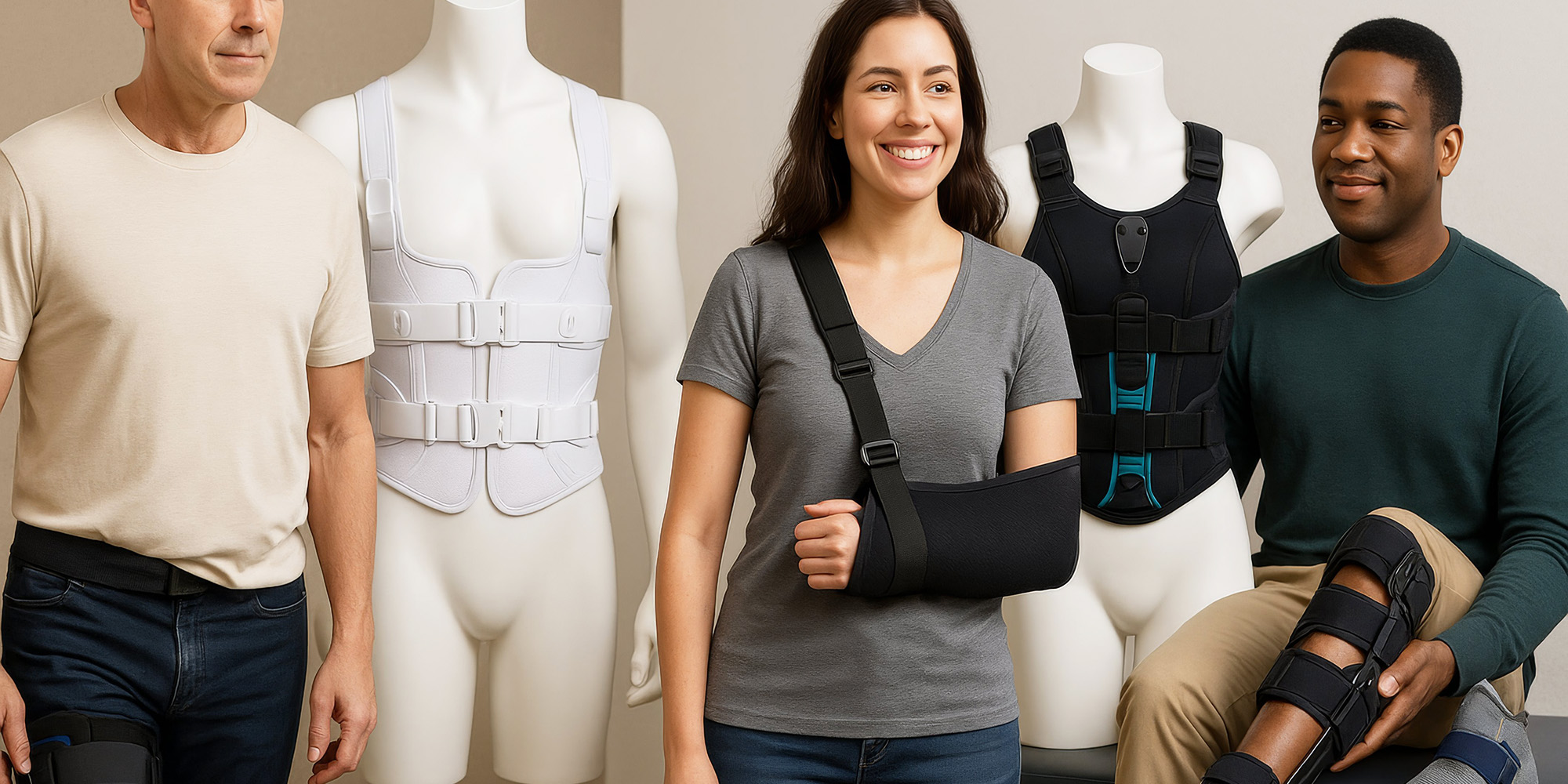 Zwei Personen stehen neben Schaufensterpuppen mit Rumpforthesen und tragen selbst Arm- und Beinorthesen