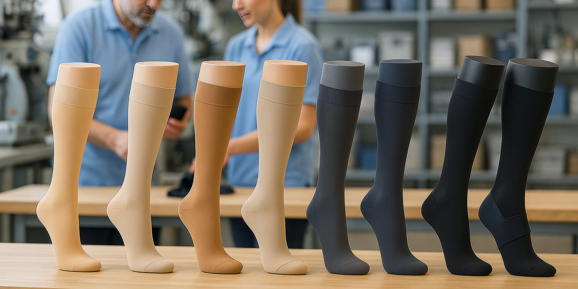 Übersicht verschiedener medizinischer Kompressionsstrümpfe in unterschiedlichen Farben und Stärken, präsentiert in einer Werkstattumgebung.